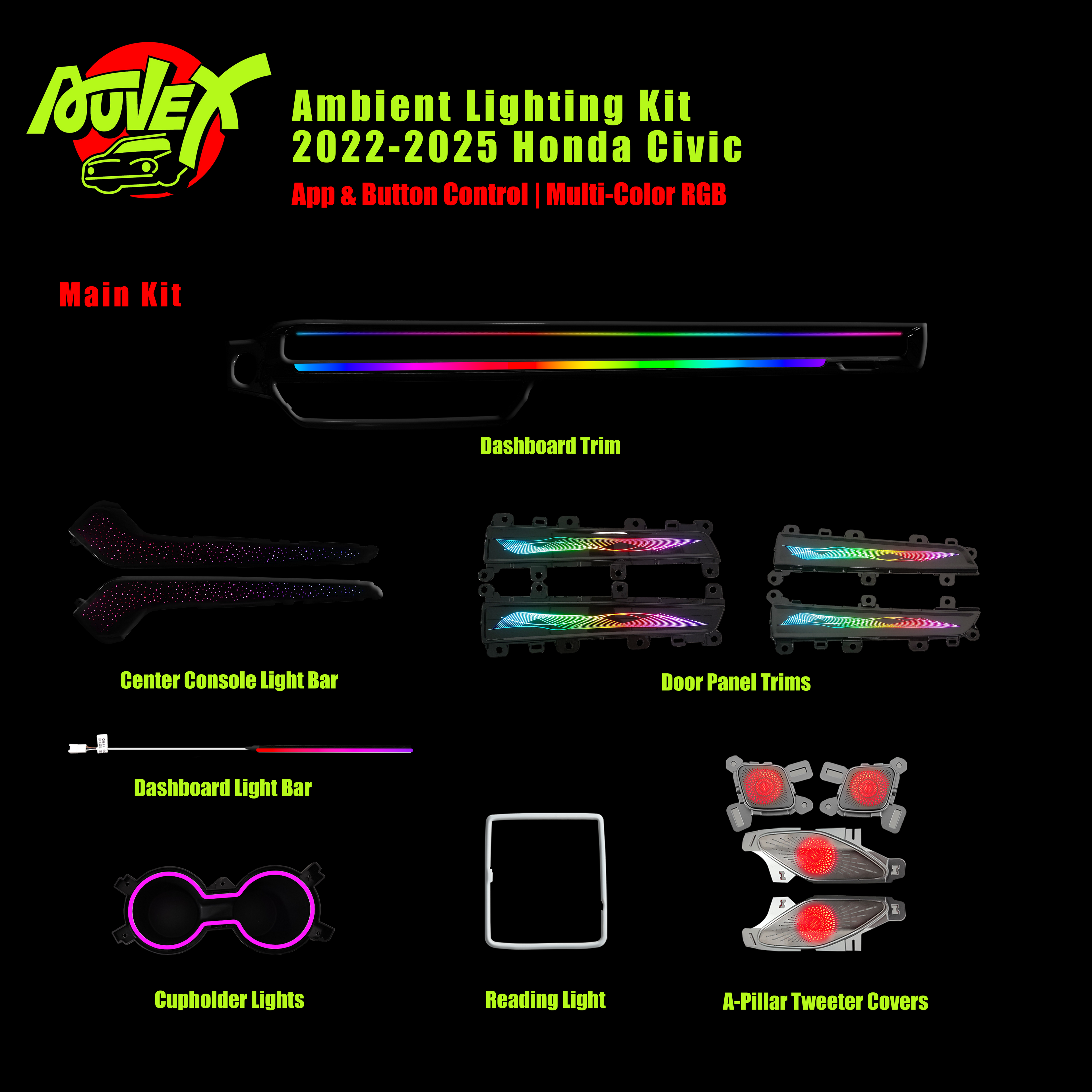 Auvexauto Honda Civic (2022–2025) Ambient Lighting Kit | 33-LED Dynamic Phantom (Full Configuration)