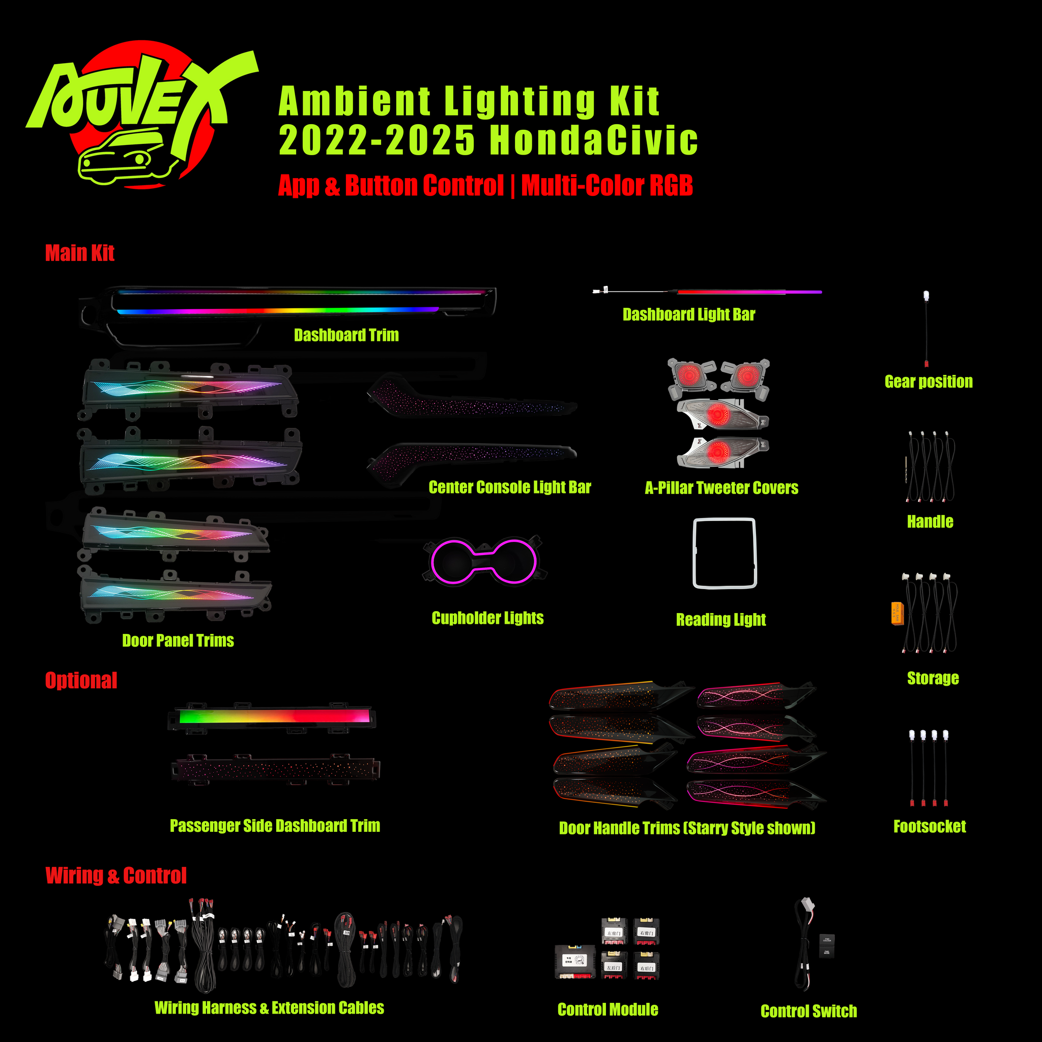 Auvexauto Honda Civic (2022–2025) Ambient Lighting Kit | 33-LED Dynamic Phantom (Full Configuration)