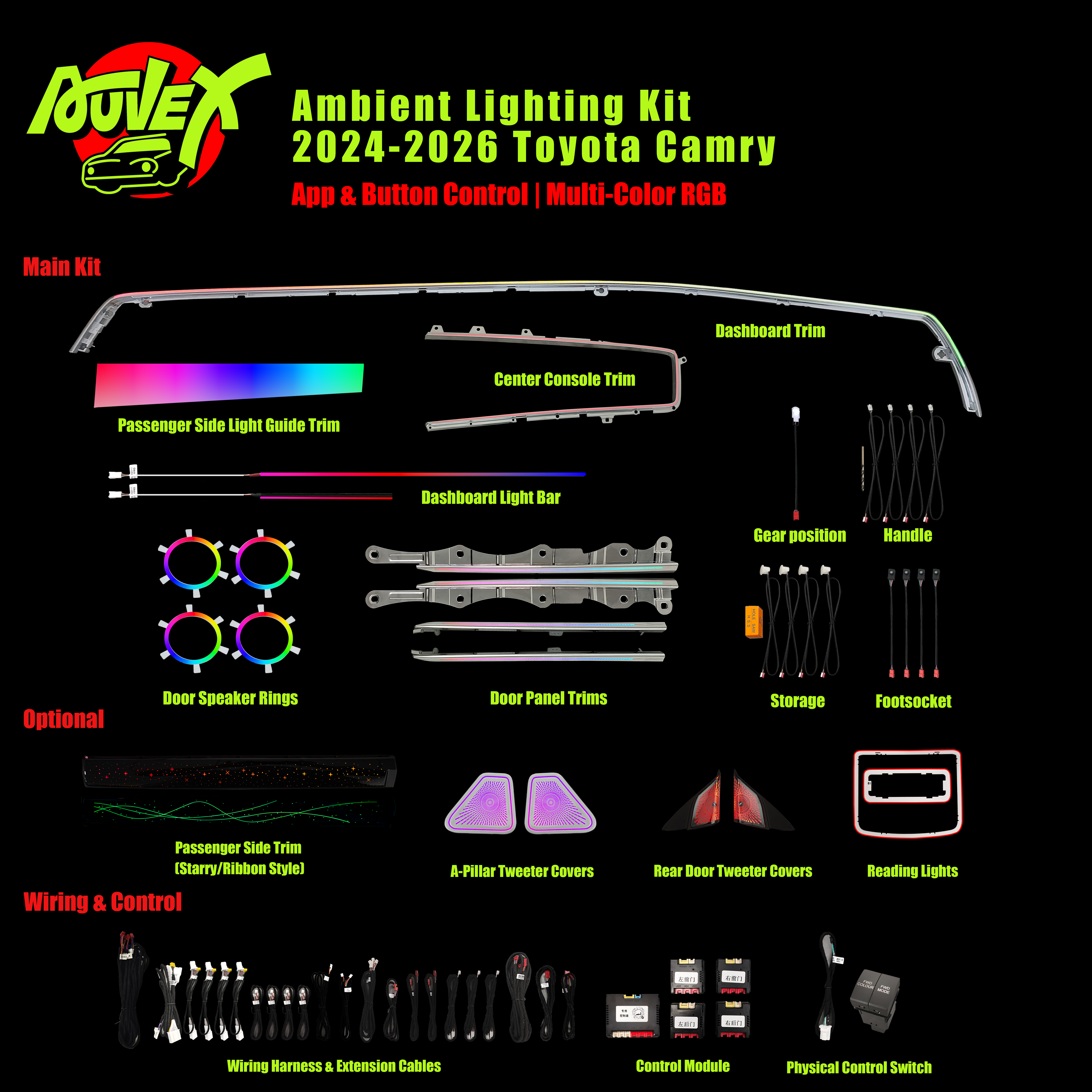 Auvexauto Toyota Camry (2024–2026) Ambient Lighting Kit | 33-LED Phantom / RGB Multi-Zone Interior Light System